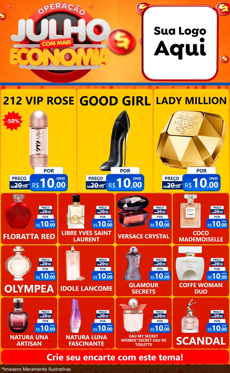 Modelo de Encarte para Encarte Grande com o tema Operação Julho Com Mais Economia para Perfumes