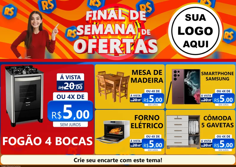 Modelo de Encarte para Encarte A4 Horizontal com o tema Final de Semana de Ofertas para Móveis e Eletro