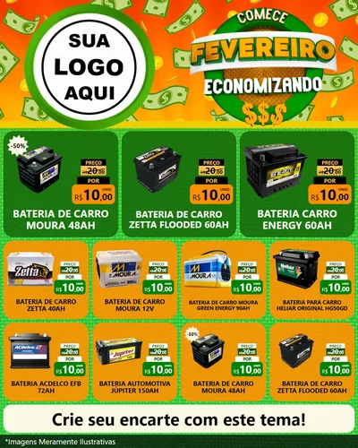 Modelo de Rede Social para Feed Instagram com o tema Comece Fevereiro Economizando para Baterias Elétricas