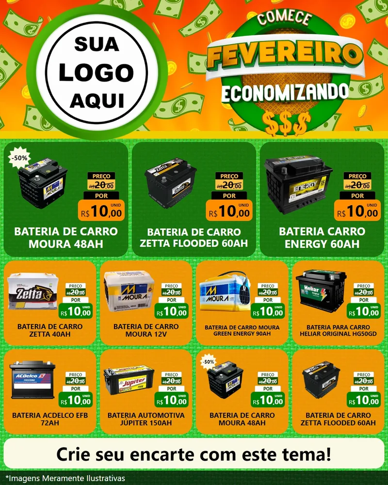 Modelo de Rede Social para Feed Instagram com o tema Comece Fevereiro Economizando para Baterias Elétricas