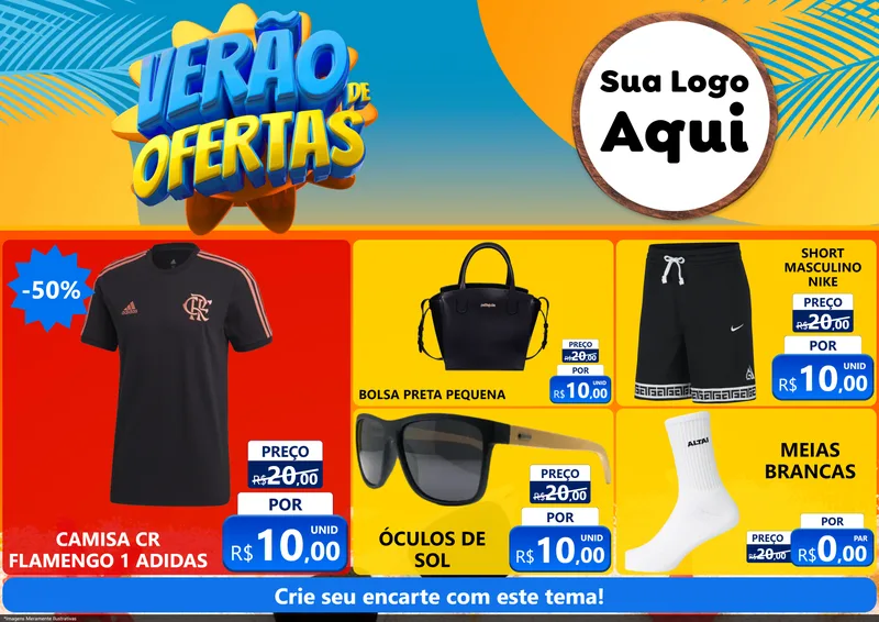 Modelo de Encarte para Encarte A4 Horizontal com o tema Verão de Ofertas para Roupas e acessórios