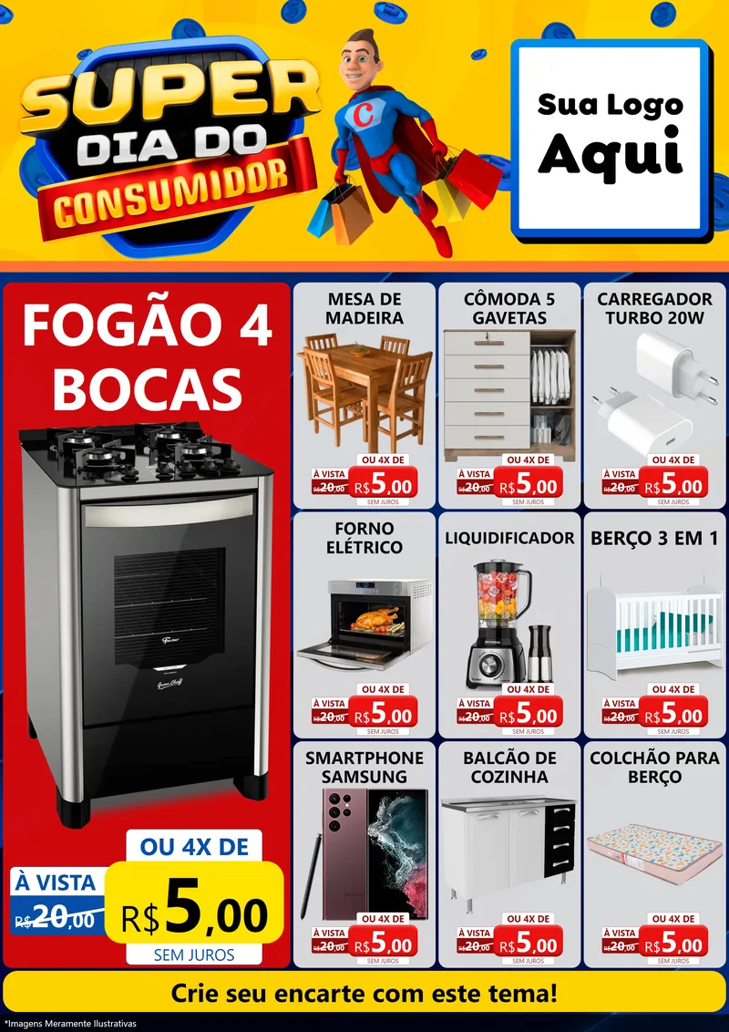 Modelo de Encarte para Encarte A4 Vertical com o tema Super Dia do Consumidor para Móveis e Eletro