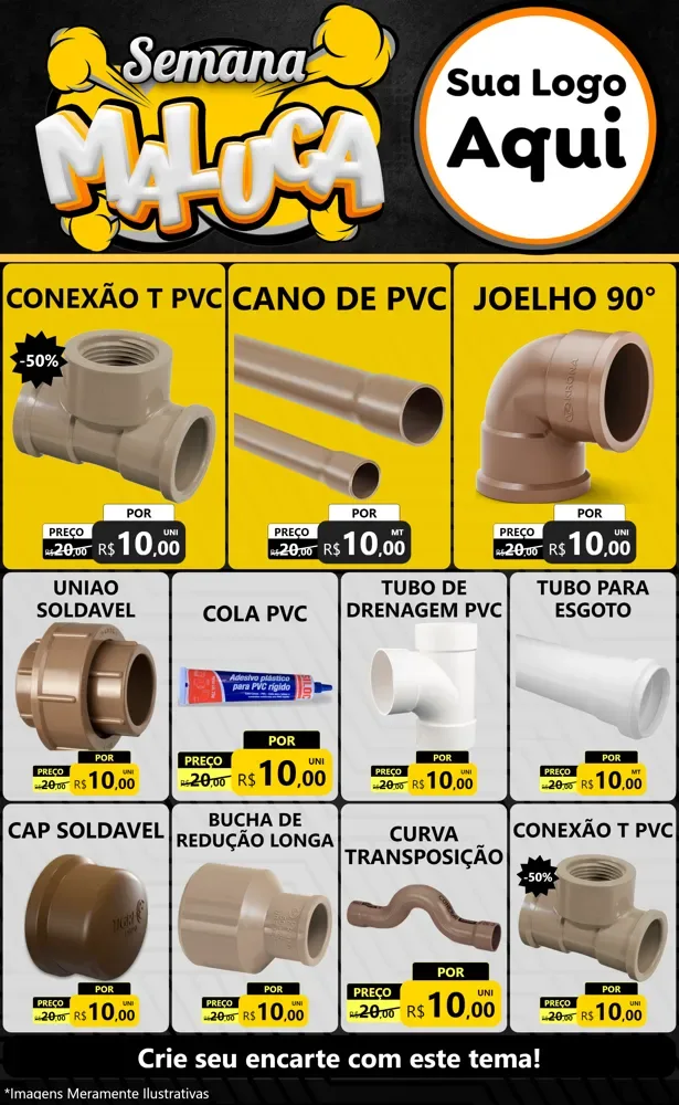 Modelo de Encarte para Encarte Grande com o tema Semana Maluca para Tubos e conexões