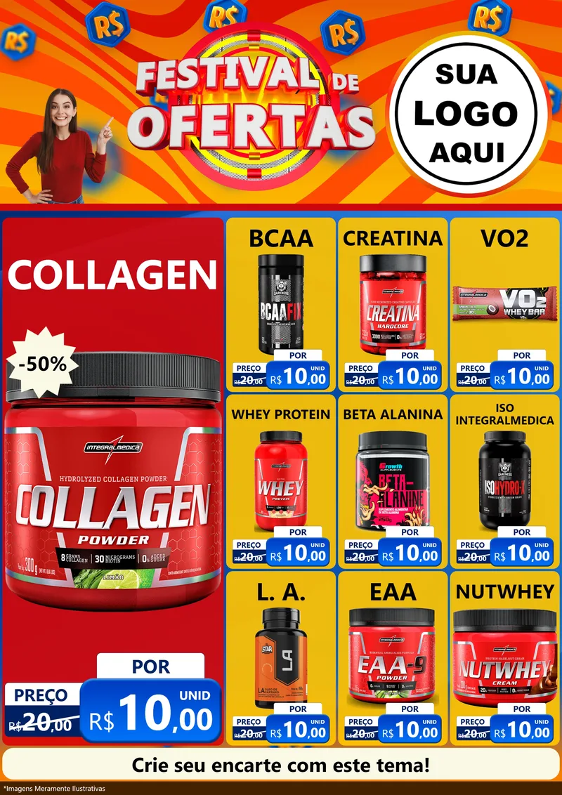 Modelo de Encarte para Encarte A4 Vertical com o tema Festival de Ofertas para Suplementos alimentares