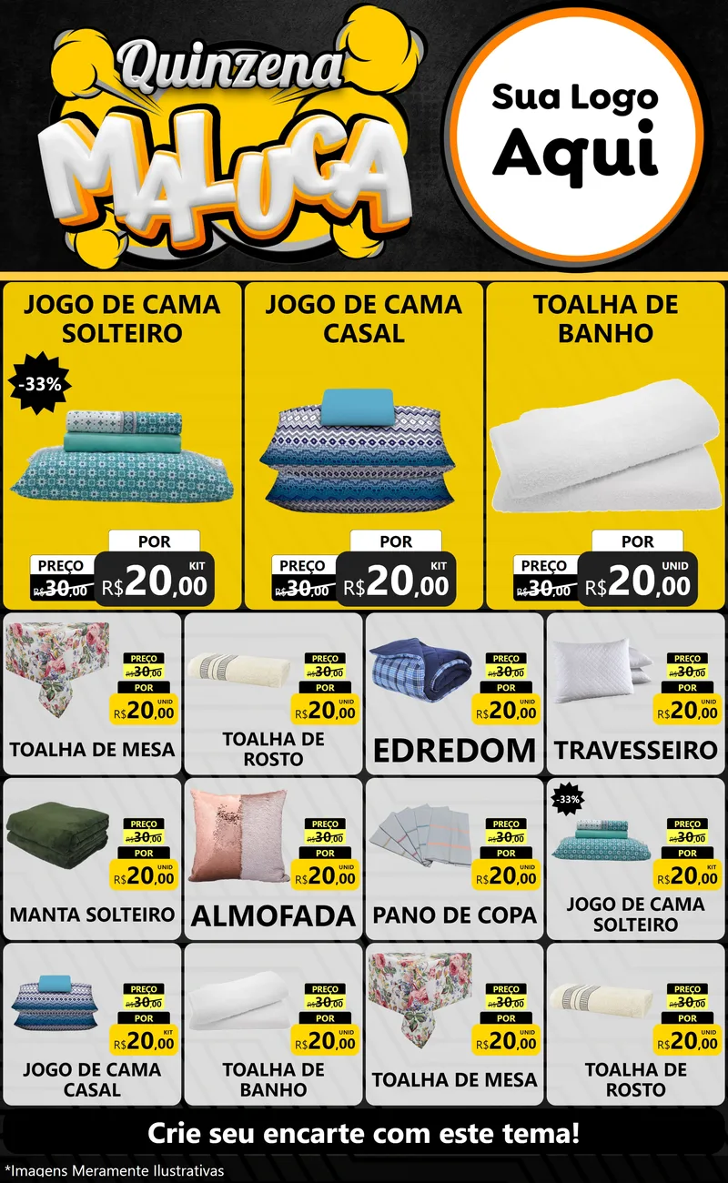 Modelo de Encarte para Encarte Grande com o tema Quinzena Maluca para Cama, Mesa e Banho