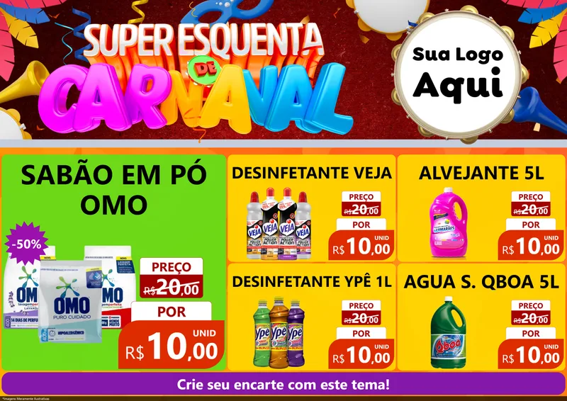 Modelo de Encarte para Encarte A4 Horizontal com o tema Super Esquenta de Carnaval para Produtos de Limpeza