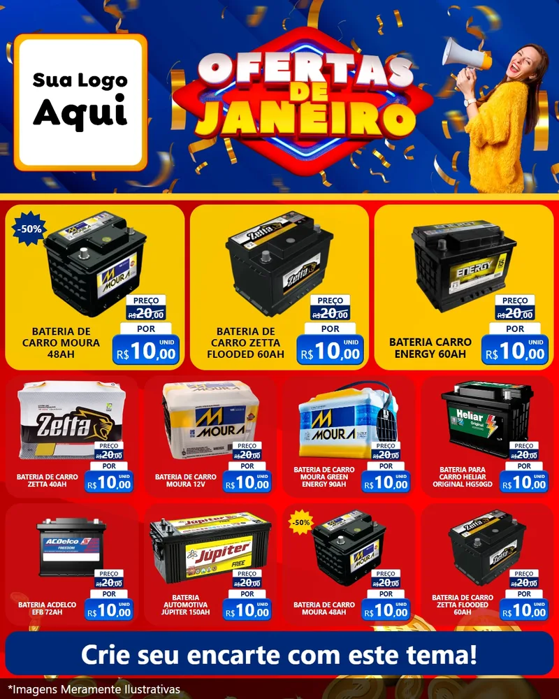 Modelo de Rede Social para Feed Instagram com o tema Ofertas de Janeiro para Baterias Elétricas