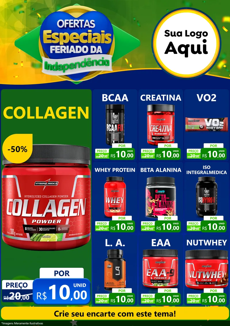 Modelo de Encarte para Encarte A4 Vertical com o tema Ofertas Especiais Feriado da Independência para Suplementos alimentares