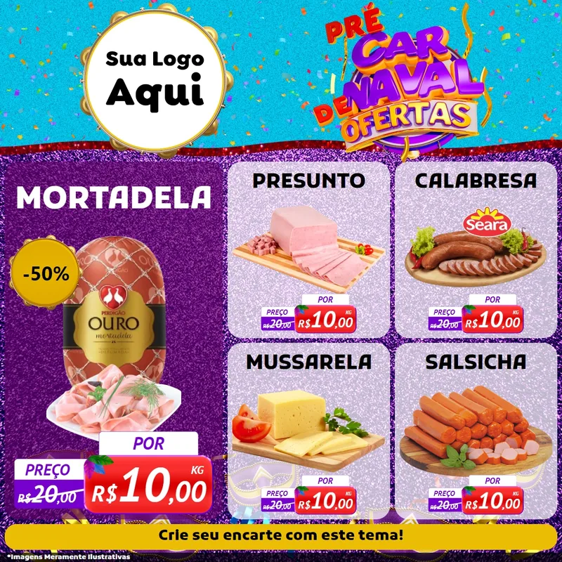 Modelo de Rede Social para Feed Facebook com o tema Pré Carnaval de Ofertas para Frios e Laticínios