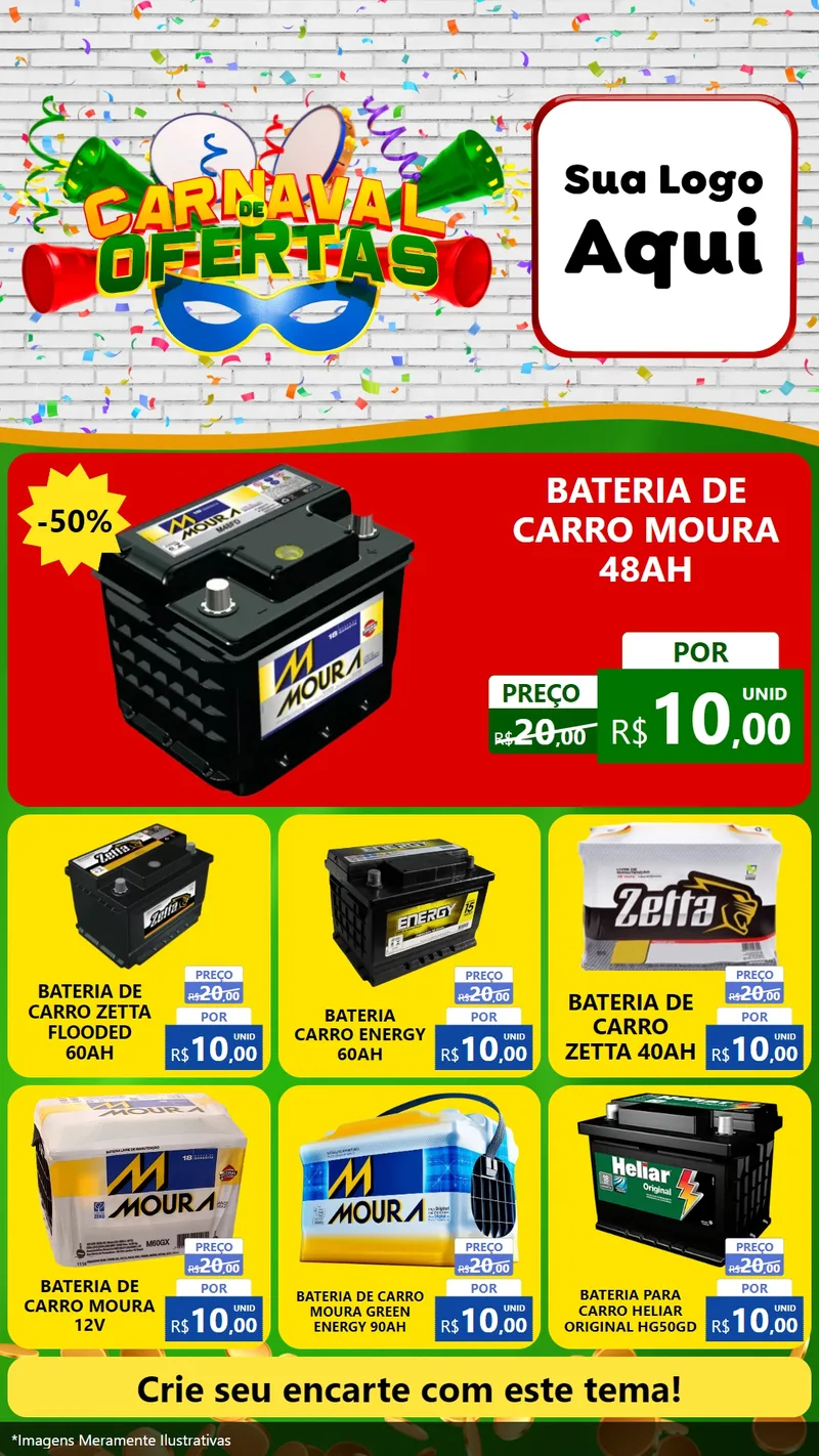 Modelo de Rede Social para Stories com o tema Carnaval de Ofertas para Baterias Elétricas
