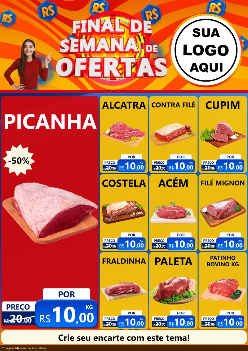 Modelo de Encarte para Encarte A4 Vertical com o tema Final de Semana de Ofertas para Açougue
