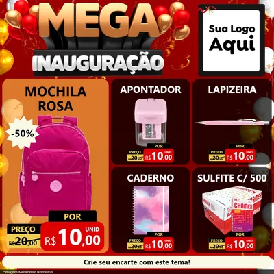 Modelo de Rede Social para Feed Facebook com o tema Mega Inauguração para Papelaria