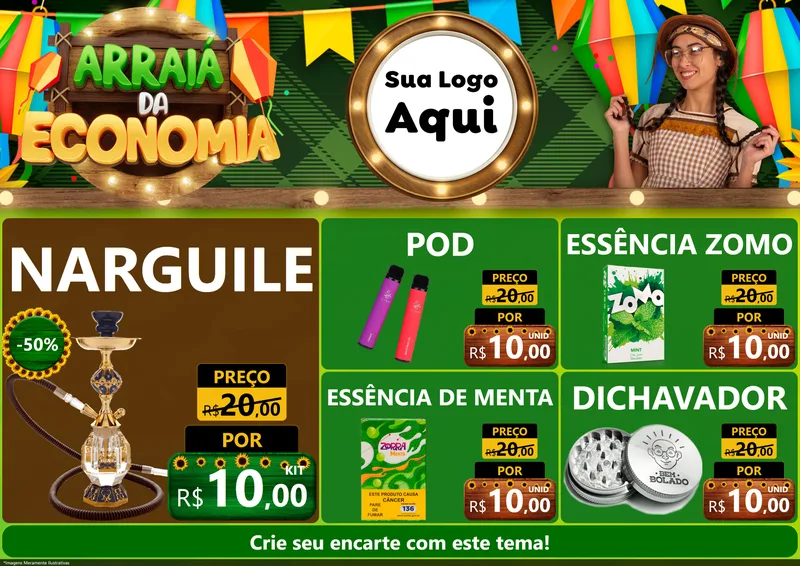 Modelo de Encarte para Encarte A4 Horizontal com o tema Arraiá de Economia para Tabacaria