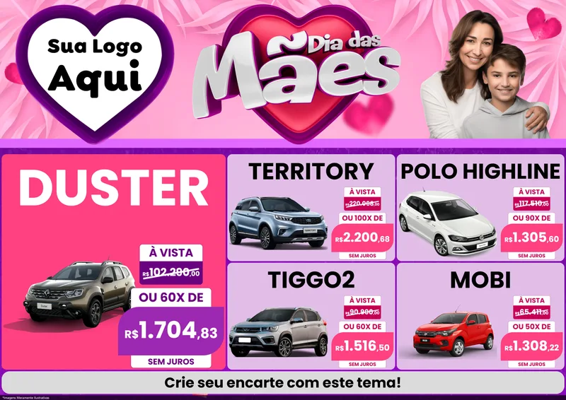Modelo de Encarte para Encarte A4 Horizontal com o tema Dia das Mães para Concessionaria de Carros