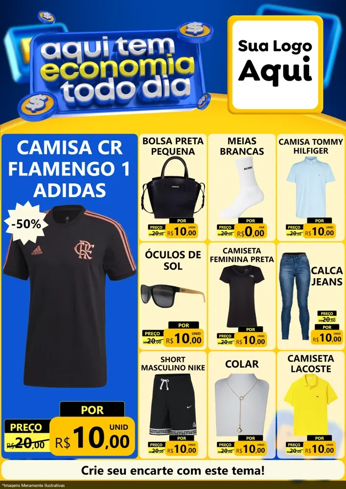 Modelo de Encarte para Encarte A4 Vertical com o tema Aqui Tem Economia Todo Dia para Roupas e acessórios