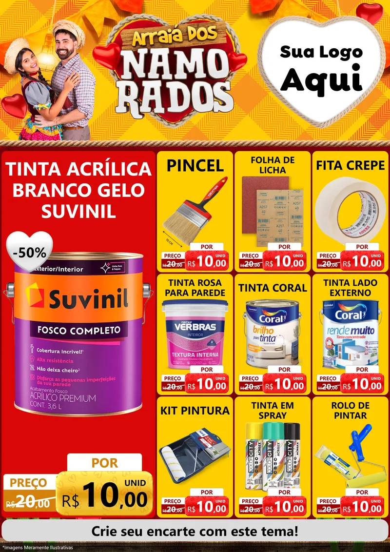 Modelo de Encarte para Encarte A4 Vertical com o tema Arraiá dos Namorados para Tintas e Ferramentas