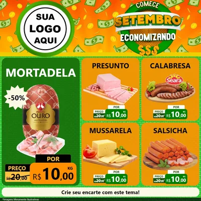 Modelo de Rede Social para Feed Facebook com o tema Comece Setembro Economizando para Frios e Laticínios