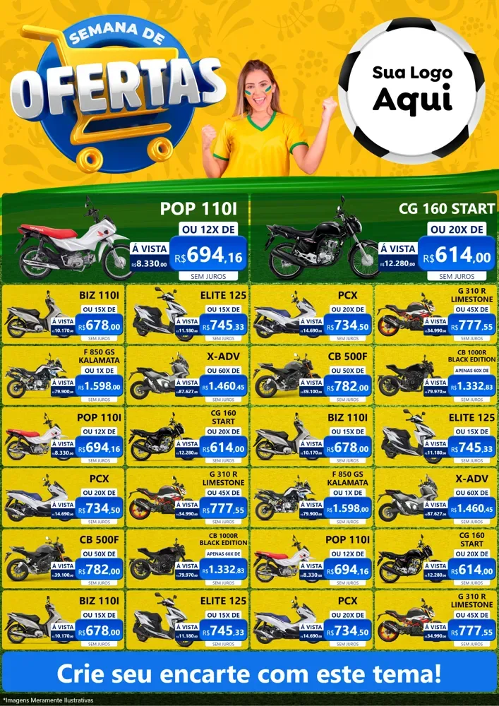 Modelo de Encarte para Encarte A4 Vertical com o tema Semana de Ofertas - Copa para Concessionaria de Motos