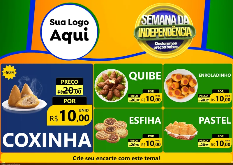 Modelo de Encarte para Encarte A4 Horizontal com o tema Semana da Independência Declaramos Preços Baixos para Salgadaria
