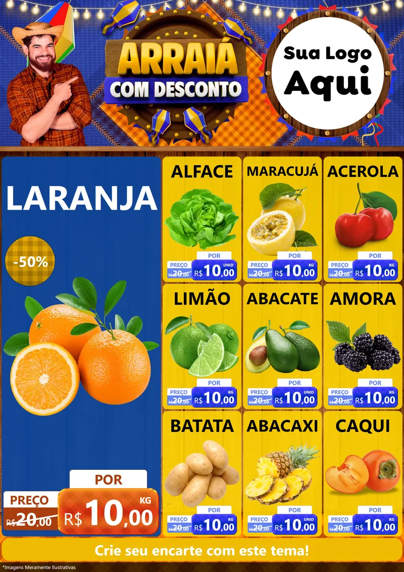 Modelo de Encarte para Encarte A4 Vertical com o tema Arraiá Com Desconto para Hortifrúti