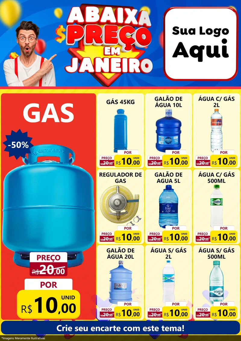 Modelo de Encarte para Encarte A4 Vertical com o tema Abaixa Preço em Janeiro para Água e gás