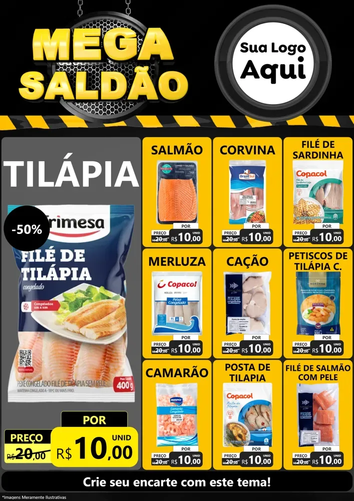 Modelo de Encarte para Encarte A4 Vertical com o tema Mega Saldão para Peixaria