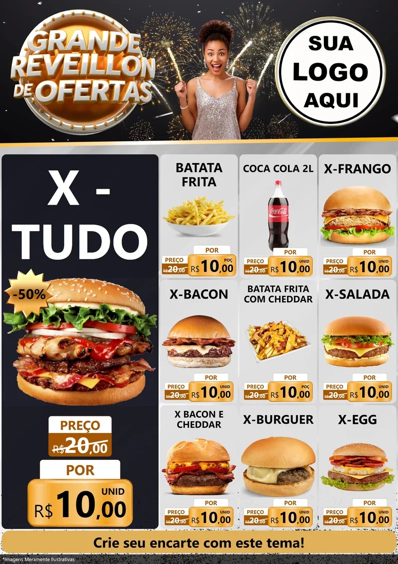Modelo de Encarte para Encarte A4 Vertical com o tema Grande Réveillon de Ofertas para Hamburgueria