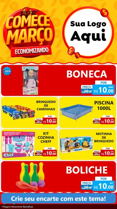 Modelo de TV para TV Vertical com o tema Comece Março Economizando para Brinquedos