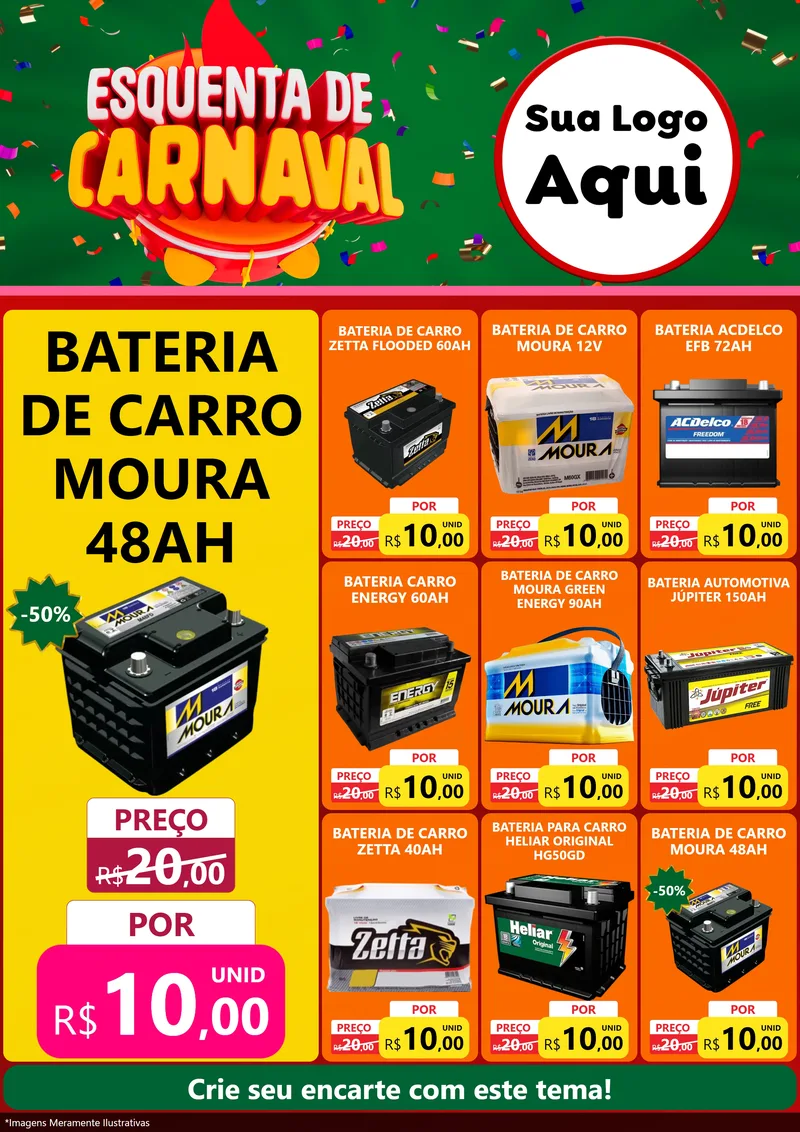 Modelo de Encarte para Encarte A4 Vertical com o tema Esquenta de Carnaval para Baterias Elétricas