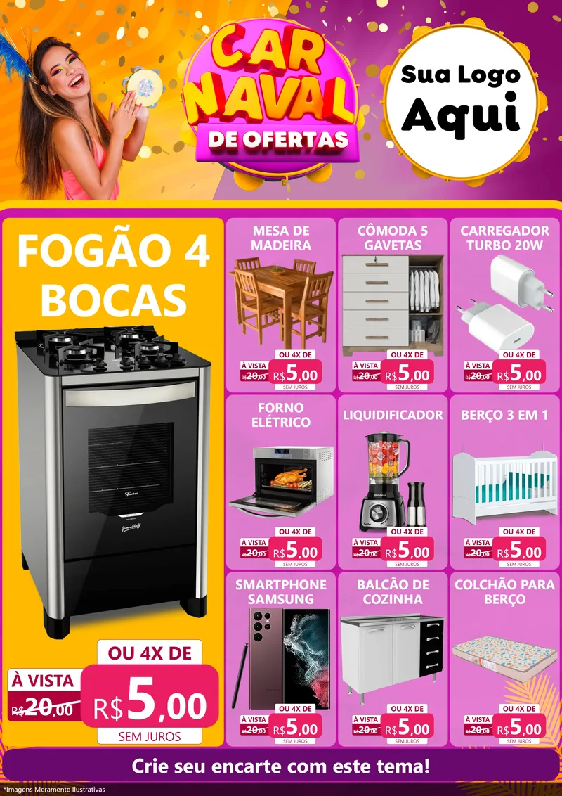 Modelo de Encarte para Encarte A4 Vertical com o tema Carnaval de Ofertas para Móveis e Eletro