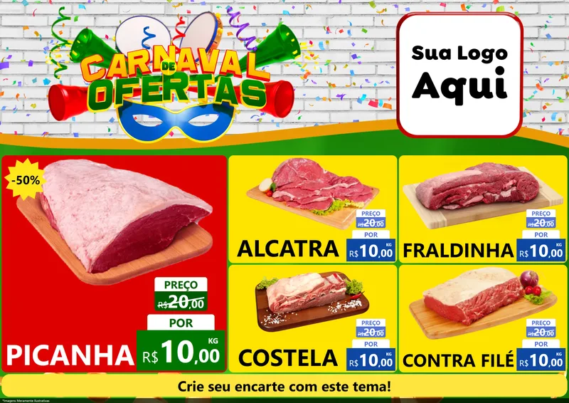 Modelo de Encarte para Encarte A4 Horizontal com o tema Carnaval de Ofertas para Açougue