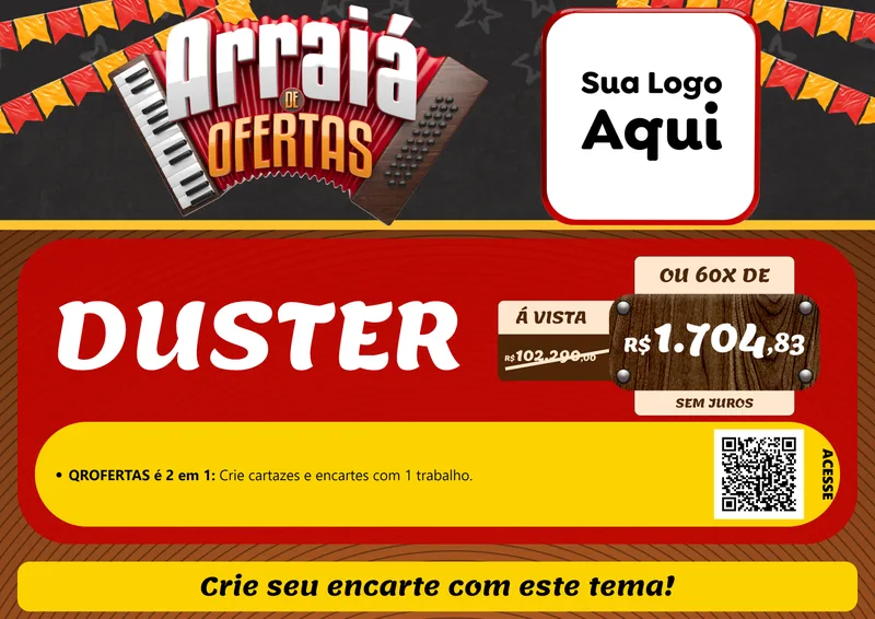 Modelo de Cartaz para Cartaz A4 Horizontal com o tema Arraiá de Ofertas - Junina para Concessionaria de Carros