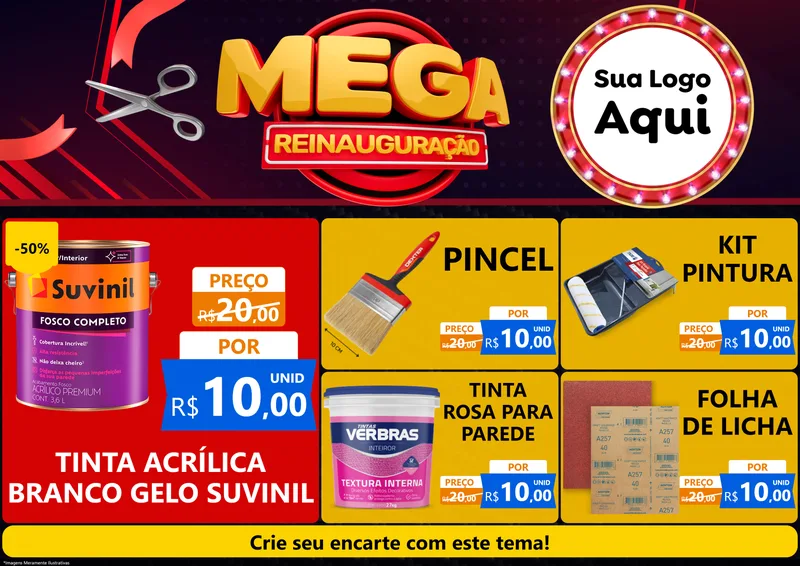 Modelo de Encarte para Encarte A4 Horizontal com o tema Mega Reinauguração para Tintas e Ferramentas