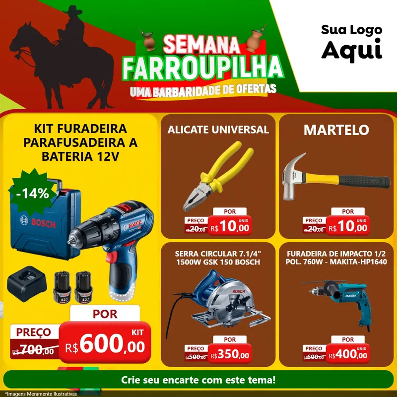 Modelo de Rede Social para Feed Facebook com o tema Semana Farroupilha - Uma Barbaridade de Ofertas para Maquinas e Ferramentas