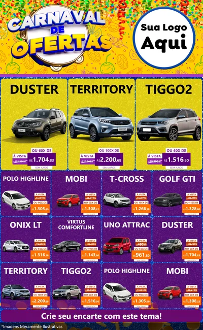 Modelo de Encarte para Encarte Grande com o tema Carnaval de Ofertas para Concessionaria de Carros