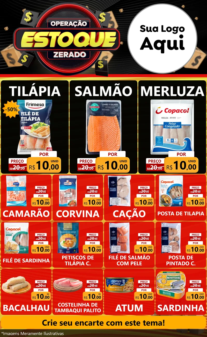 Modelo de Encarte para Encarte Grande com o tema Operação Estoque Zerado para Peixaria