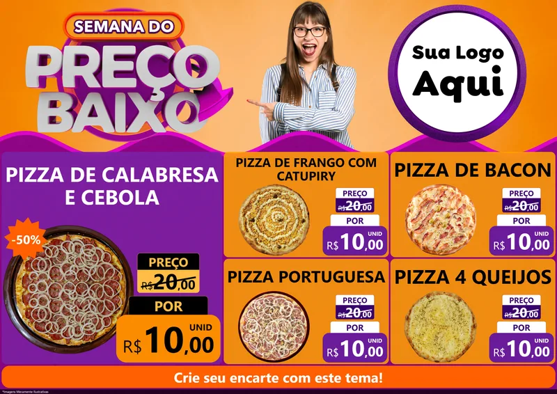 Modelo de Encarte para Encarte A4 Horizontal com o tema Semana do Preço Baixo para Pizzaria