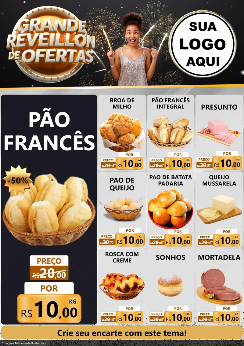 Modelo de Encarte para Encarte A4 Vertical com o tema Grande Réveillon de Ofertas para Padaria