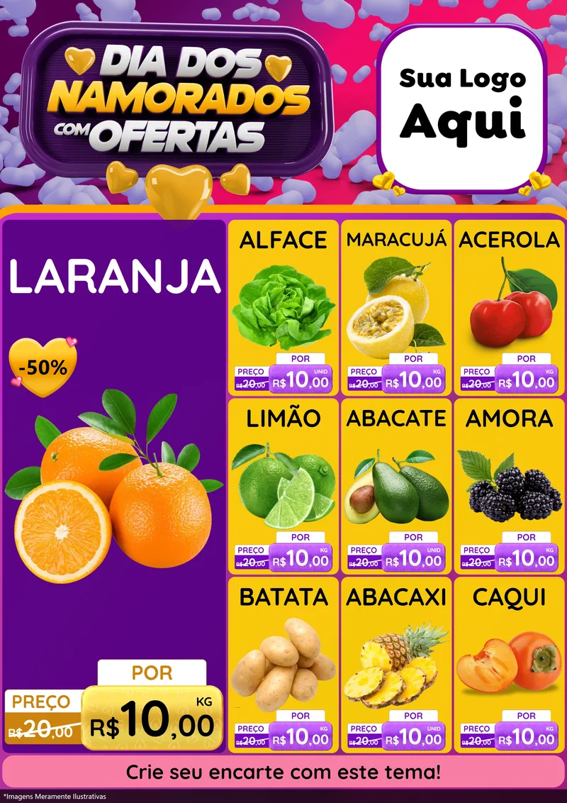 Modelo de Encarte para Encarte A4 Vertical com o tema Dia Dos Namorados Com Ofertas para Hortifrúti