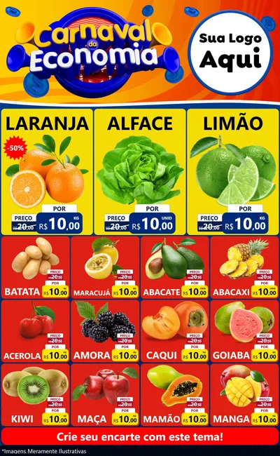 Modelo de Encarte para Encarte Grande com o tema Carnaval da Economia para Hortifrúti