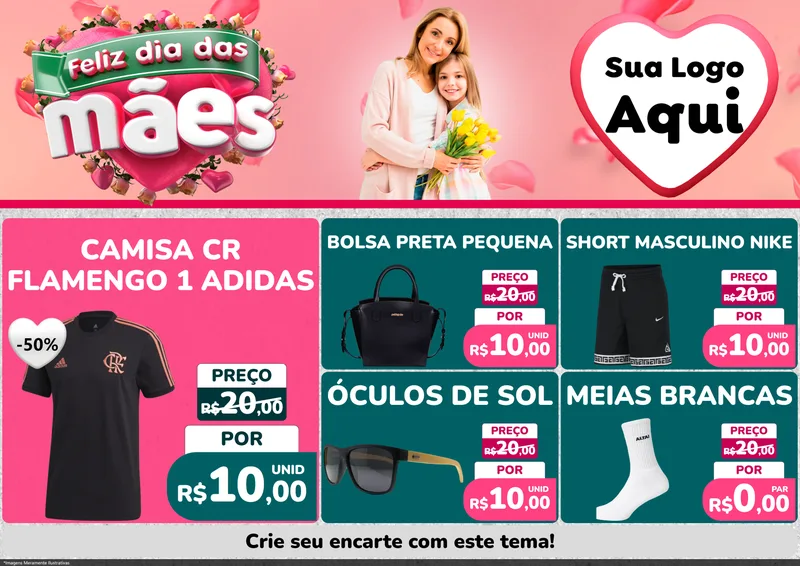 Modelo de Encarte para Encarte A4 Horizontal com o tema Feliz Dia das Mães para Roupas e acessórios