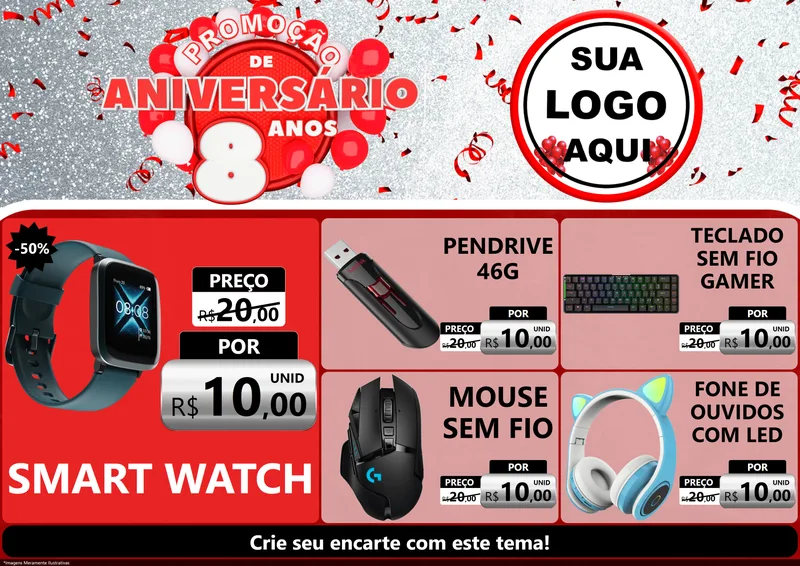 Modelo de Encarte para Encarte A4 Horizontal com o tema Promoção de Aniversário - 8 Anos para Informática