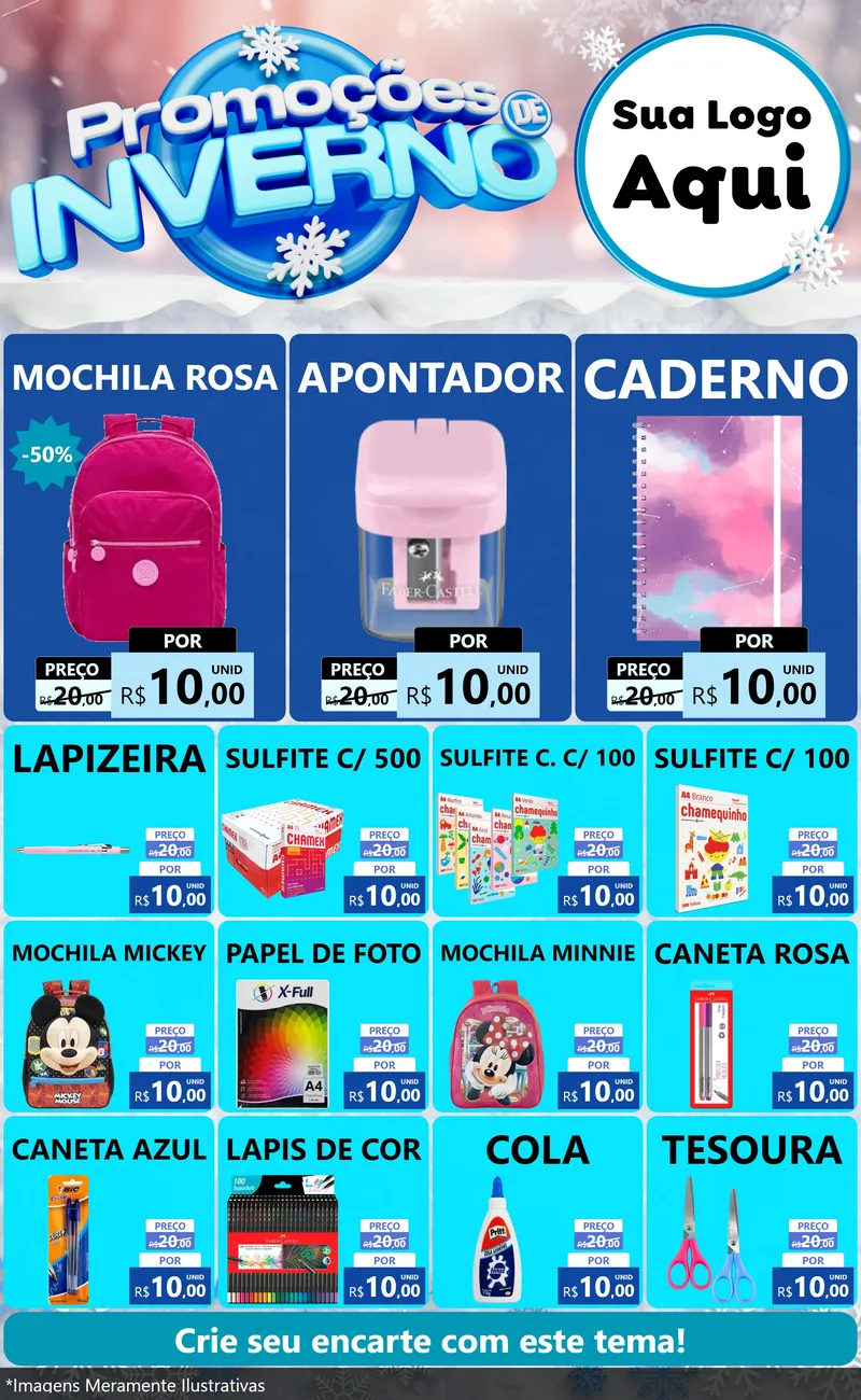 Modelo de Encarte para Encarte Grande com o tema Promoções de Inverno para Papelaria