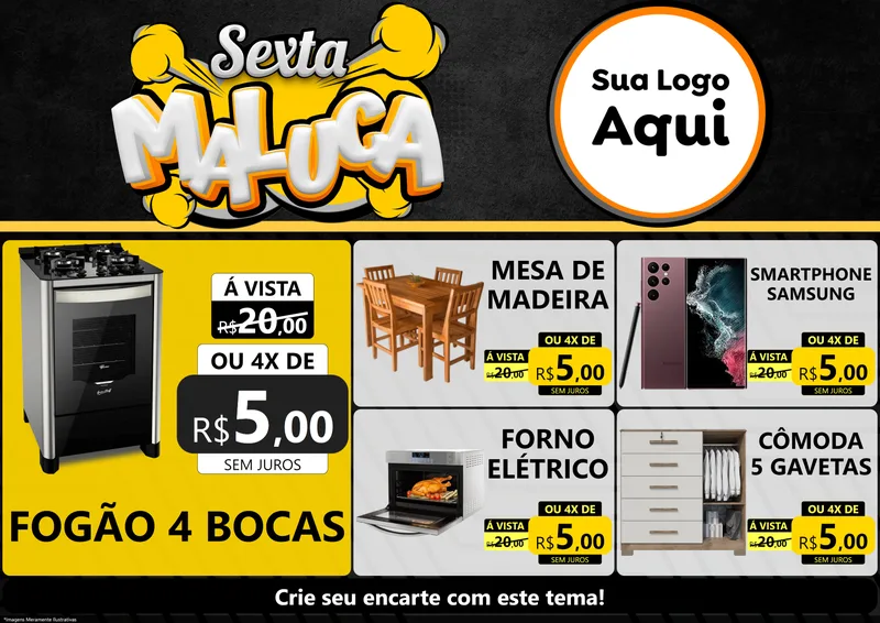 Modelo de Encarte para Encarte A4 Horizontal com o tema Sexta Maluca para Móveis e Eletro