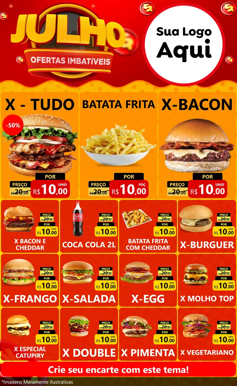 Modelo de Encarte para Encarte Grande com o tema Julho Ofertas Imbatíveis para Hamburgueria