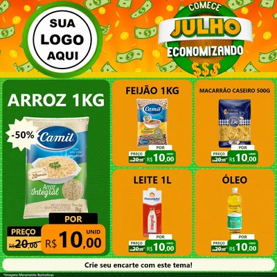 Modelo de Rede Social para Feed Facebook com o tema Comece Julho Economizando para Supermercado
