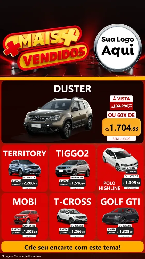 Modelo de Rede Social para Stories com o tema Mais Vendidos para Concessionaria de Carros