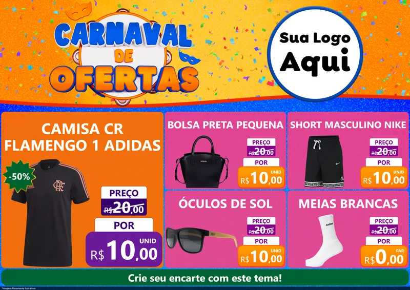 Modelo de Encarte para Encarte A4 Horizontal com o tema Carnaval de Ofertas para Roupas e acessórios