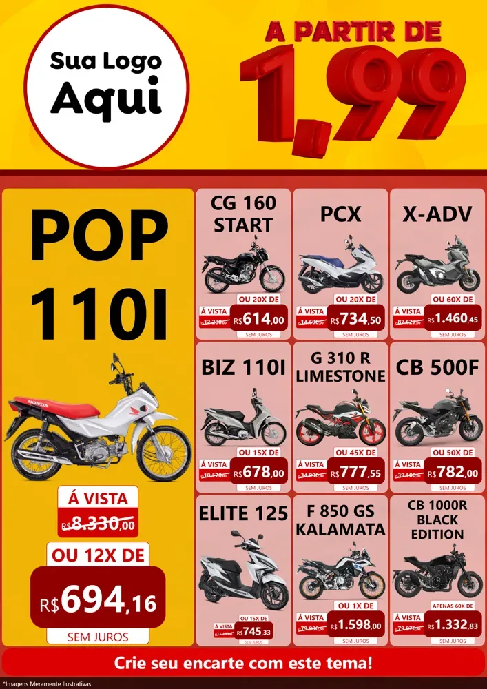 Modelo de Encarte para Encarte A4 Vertical com o tema A Partir de Um e Noventa e Nove - 1,99 para Concessionaria de Motos