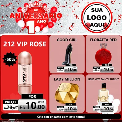 Modelo de Rede Social para Feed Facebook com o tema Promoção de Aniversário - 1 Ano para Perfumes